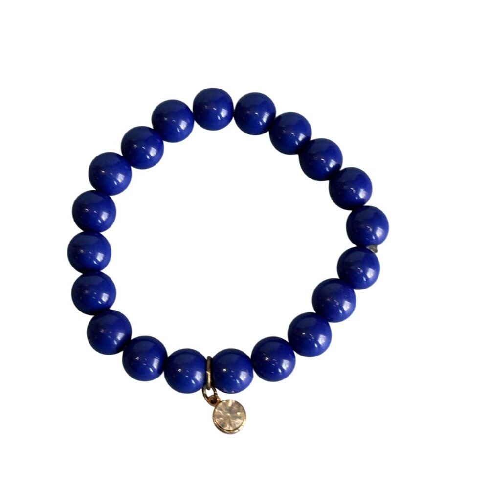 Cobalt Blue Glass Beaded Stretch Bracelets With Rhinestone Charm Accents - Picture 3 of 9